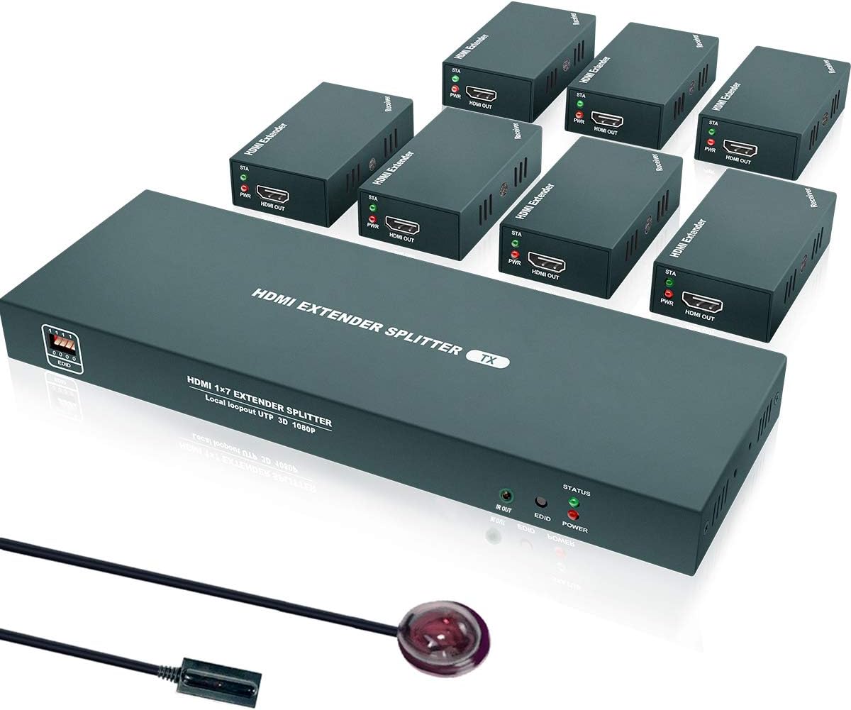 HDMI Extender Splitter 1x7 with IR, 1080P@60Hz, Up to 165ft Over CAT5e/CAT6/CAT7 E756017