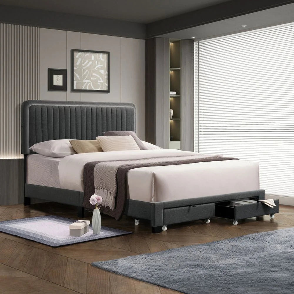 Queen Size Upholstered Bed with Footboard Drawers Storage C4197