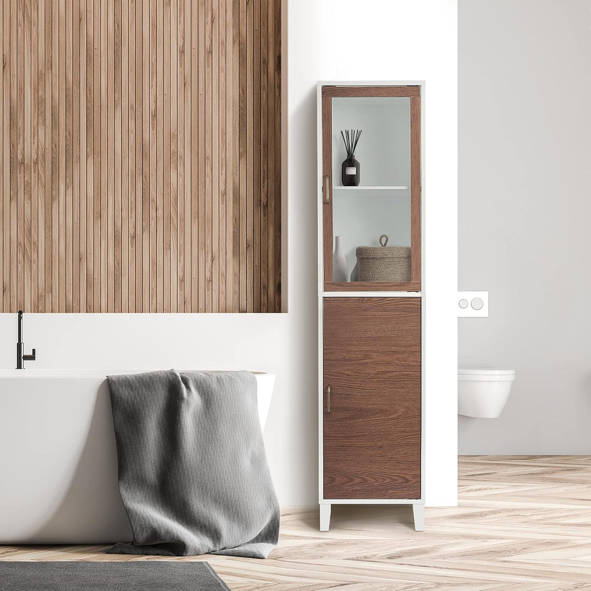 White Natural Wood Bathroom Linen Cabinet N42271