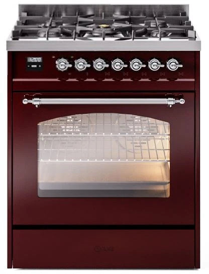 30 Dual Fuel Natural Gas Range in Burgundy with Chrome Trim K441851