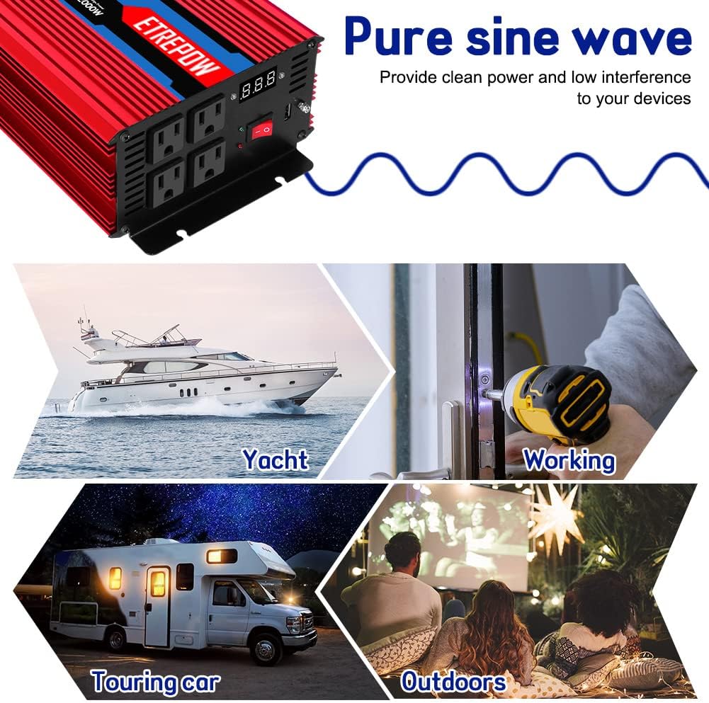 1500 Watt Pure Sine Wave Power Inverter 12V DC to 110V AC E12318