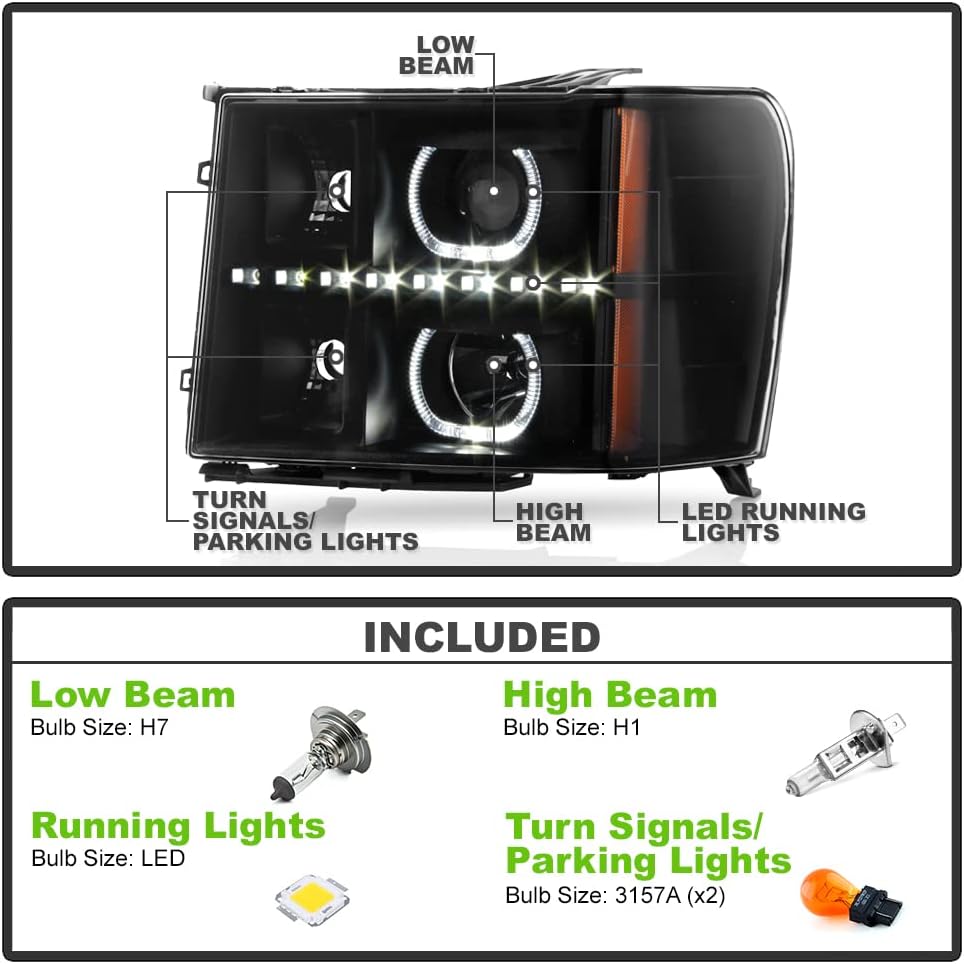 Black LED Projector Headlights Driver + Passenger Side W6590