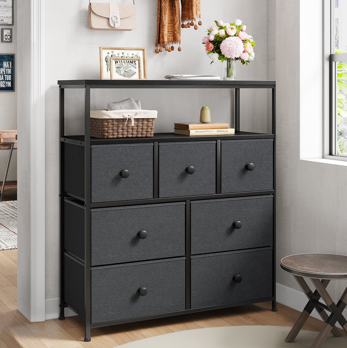 Pink 7 Drawer Fabric Dresser with Wood Shelves L816