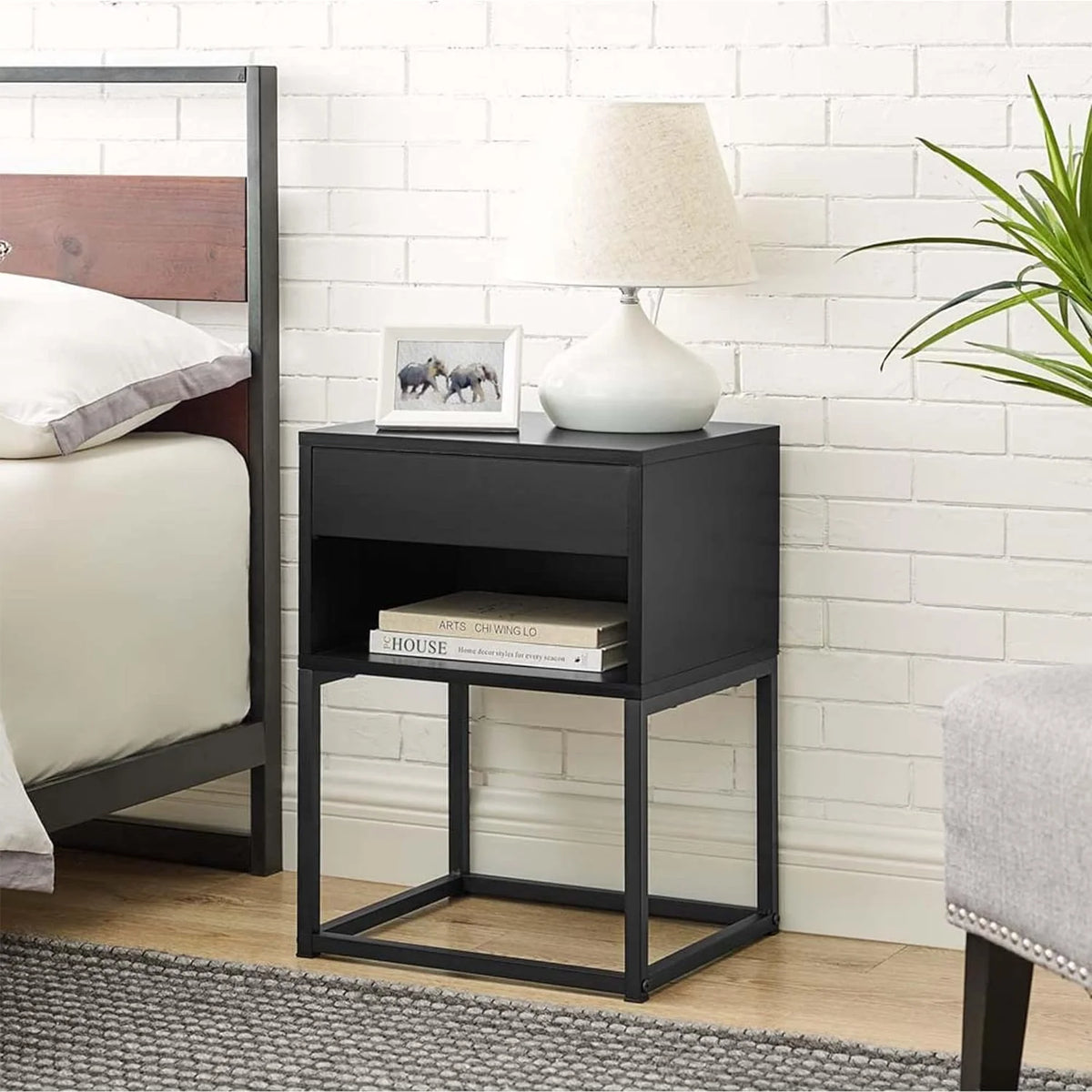 Black Rectangular End Table Nightstand with Drawer and Open Shelving W948439