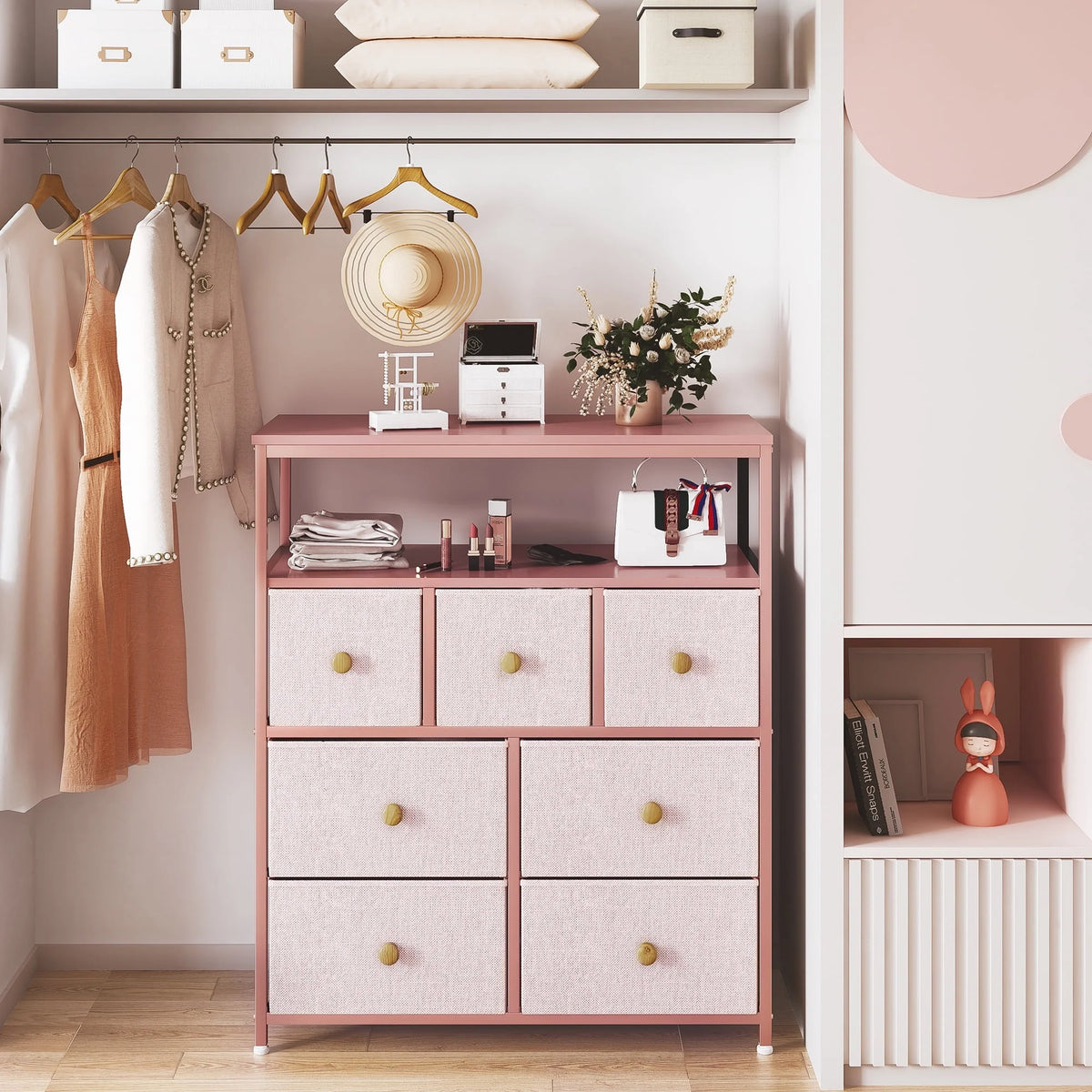 Pink 7 Drawer Fabric Dresser with Wood Shelves L816