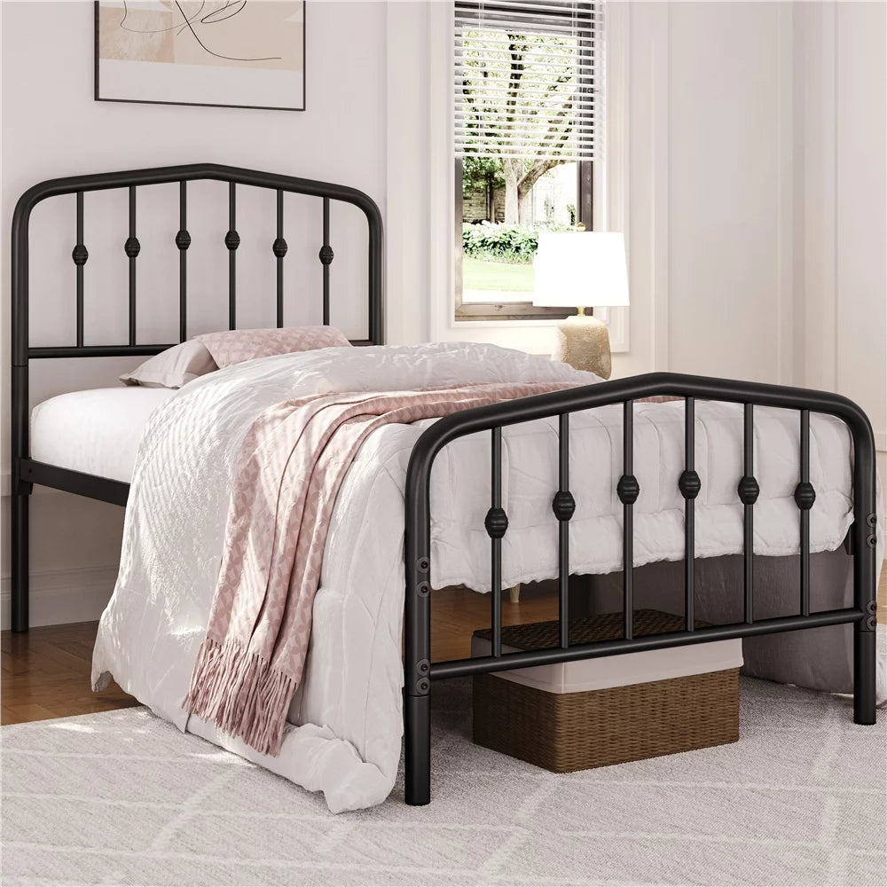 Twin Size Black Metal Bed with Arched Headboard and Footboard U339