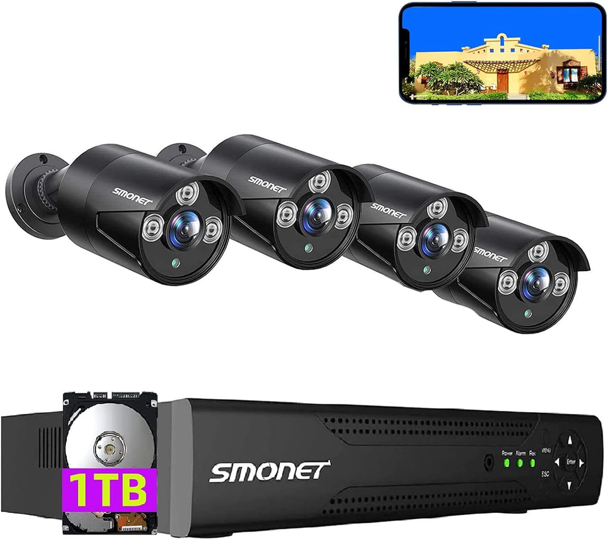 5MP Security Camera System, 8CH DVR Kits 1TB Hard Drive, 4Pcs Wired Bullet Cameras J39701