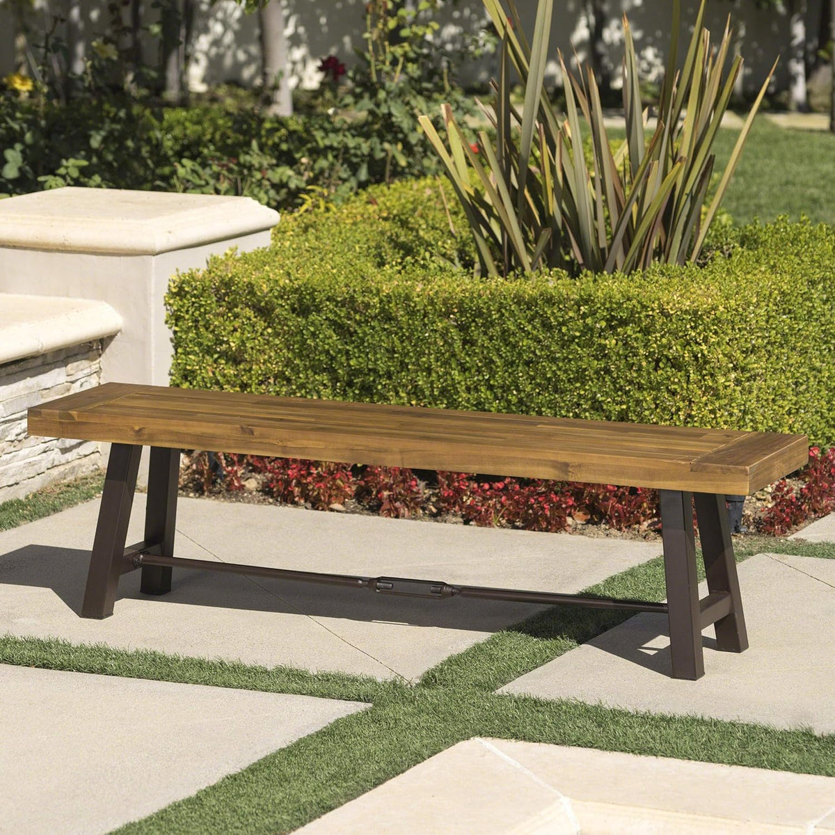 Acacia Wood Outdoor Bench with Metal Accents T374