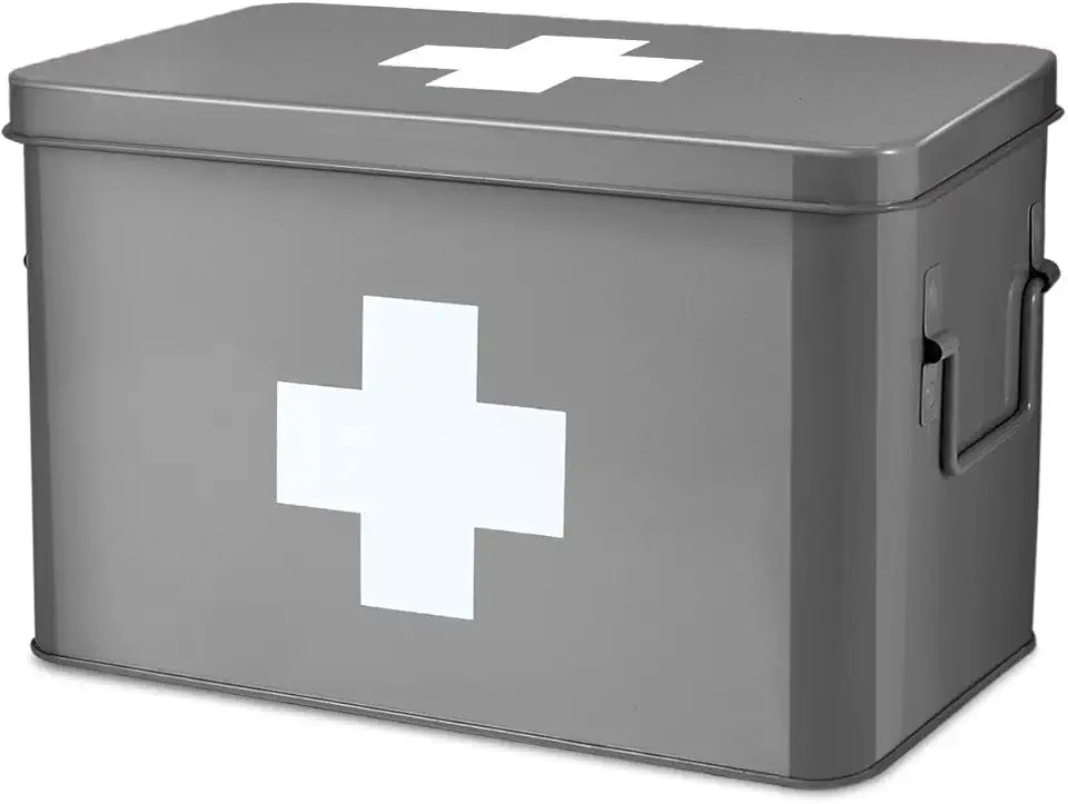 Empty 13" Gray Vintage First Aid Kit Tin Metal Medical Box Q937