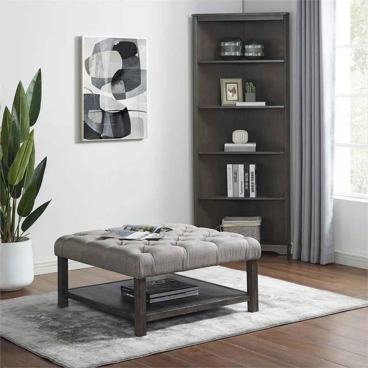 Wood Ottoman in Antique Washed Gray and Light Gray A4035