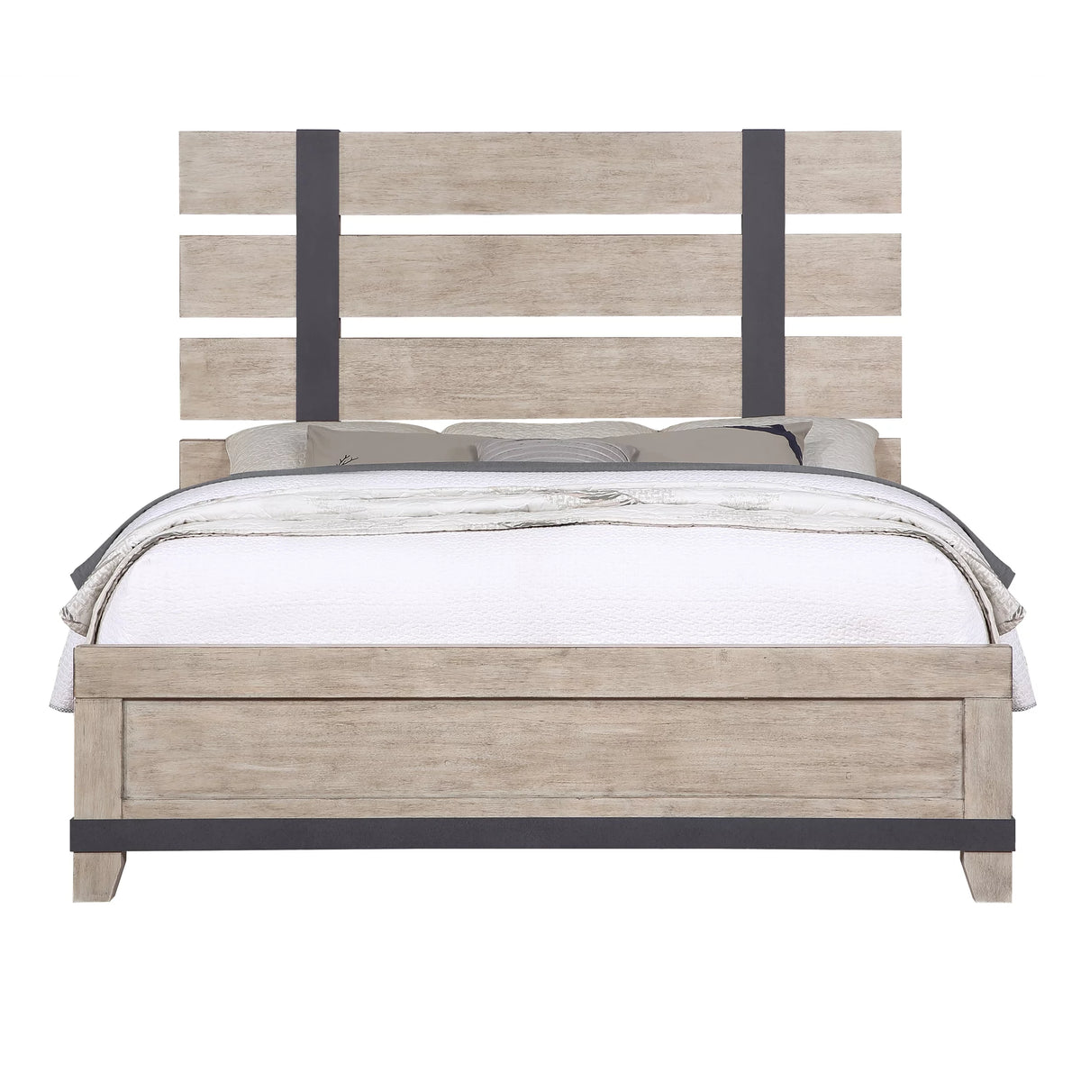 Queen Weathered Oak Finish Wood Slatted Panel Bed P2899