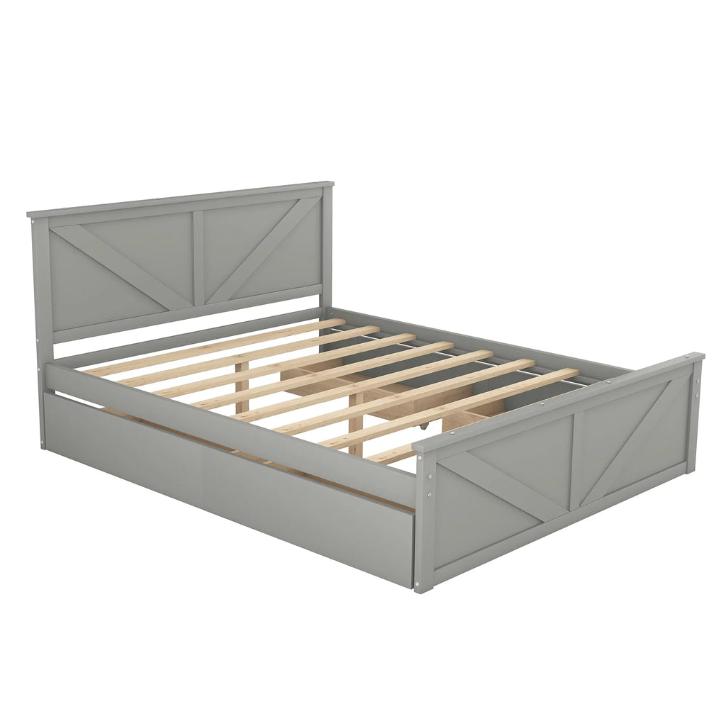 Gray Wood Queen Size Platform Bed with 4 Storage Drawers X75048