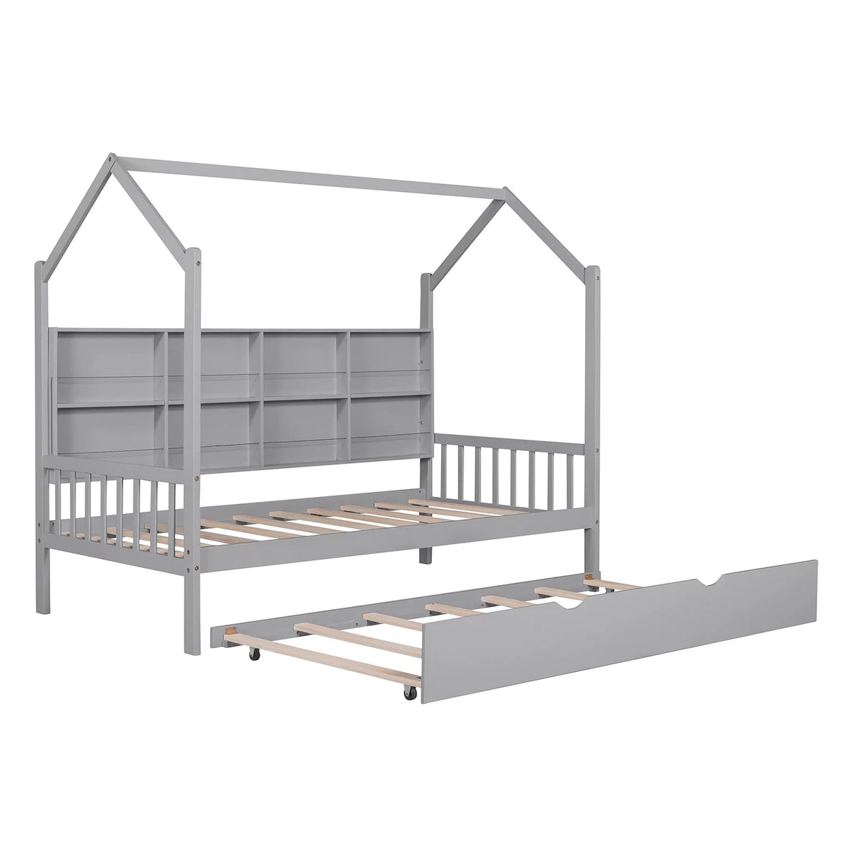 Gray Twin Size House Bed with 2 Drawers and Storage Shelves M5994