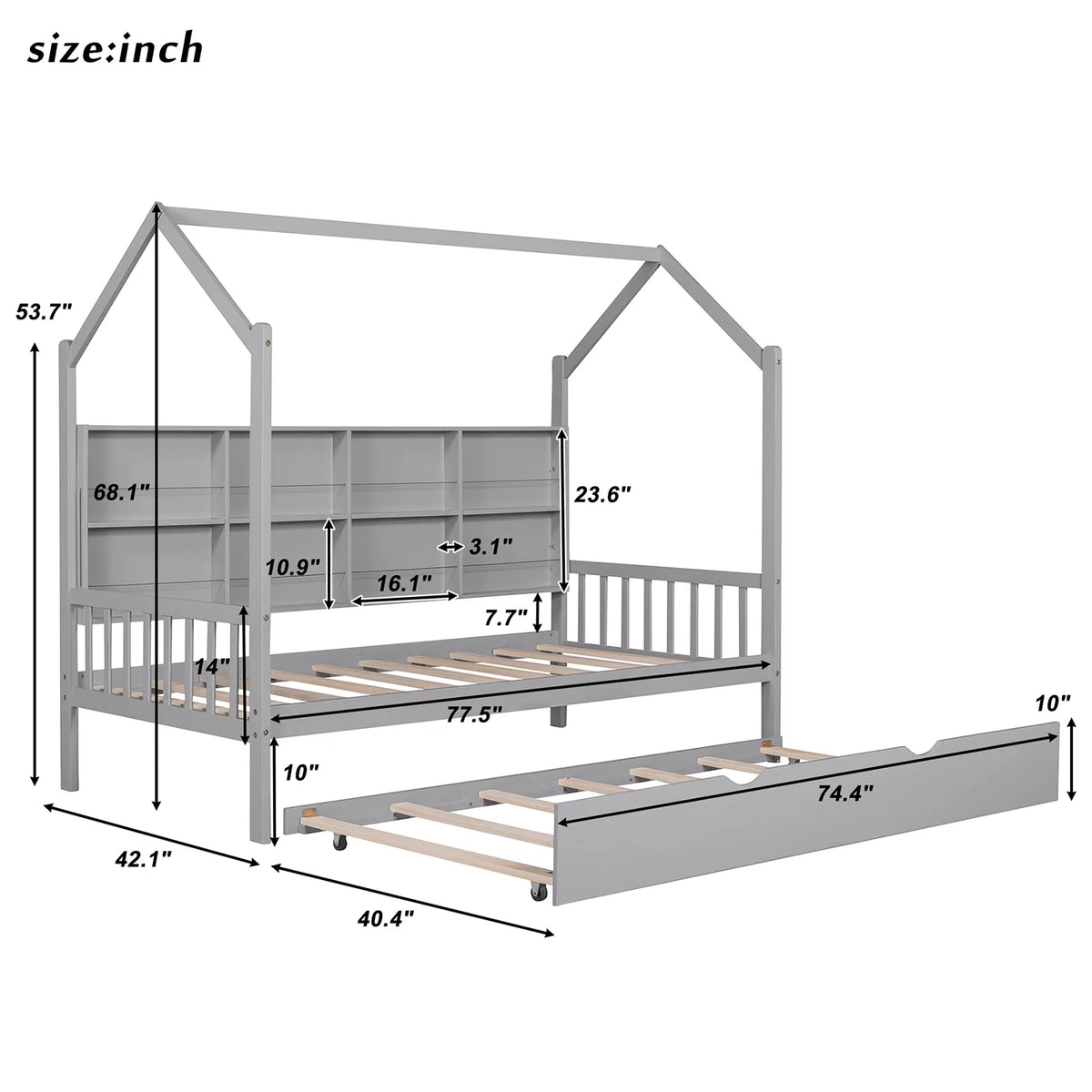 Gray Twin Size House Bed with 2 Drawers and Storage Shelves M5994