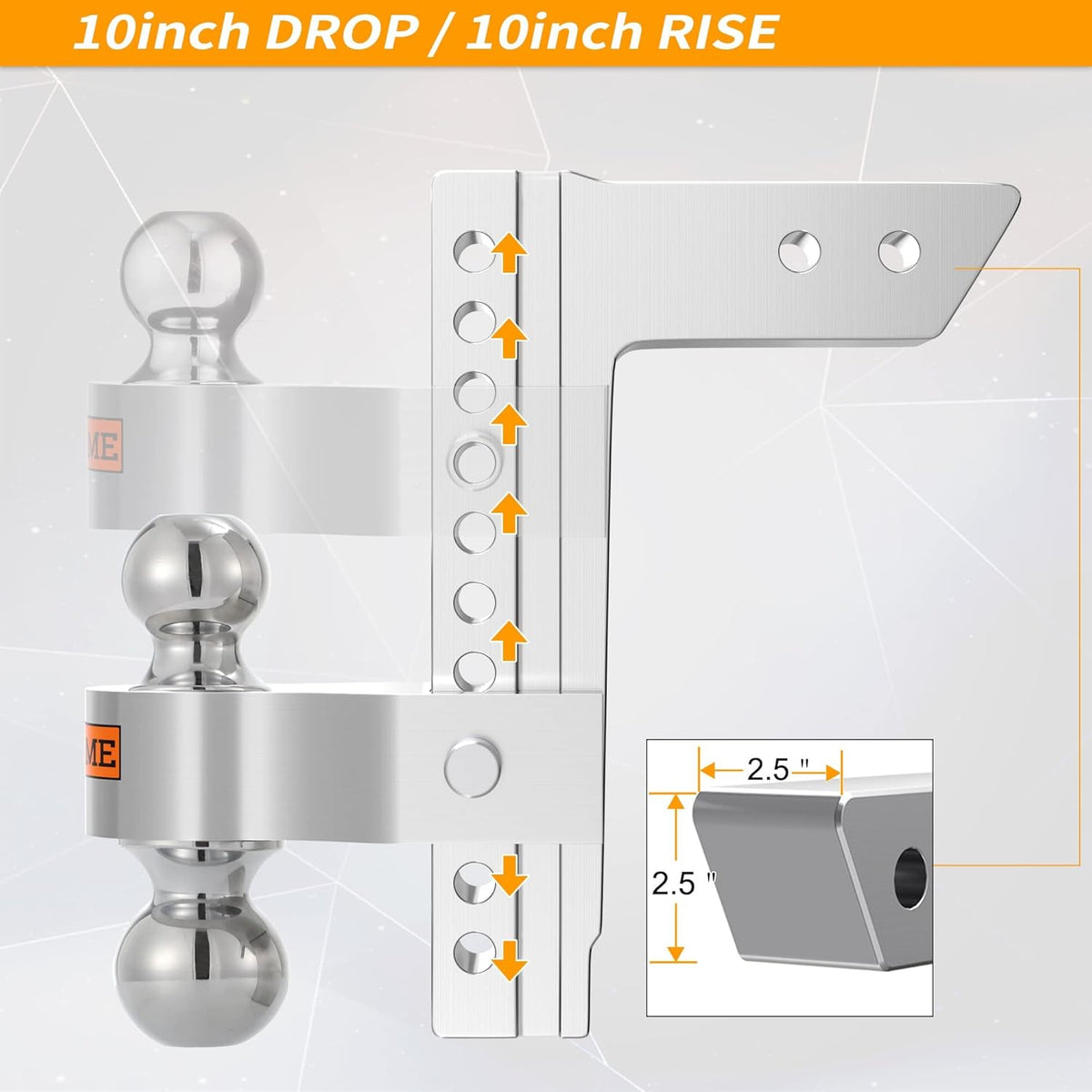 Adjustable Aluminum Trailer Hitch, Fits 2.5-Inch Receiver, 10-Inch Drop/Rise, 18,500 LBS GTW, Silver H1400