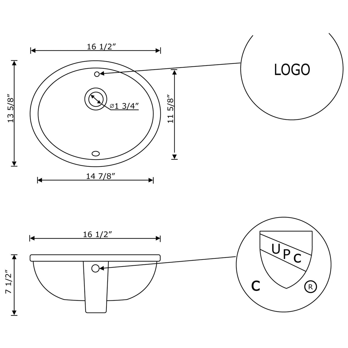 16.5 inch 13.25 inch Oval Undermount Sink in White G36370