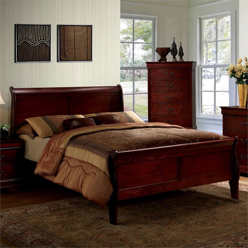 Queen Wood Sleigh Bed in Cherry Y88007