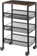 3-Tier Metal Mesh Rolling Kitchen Cart with Wood Cover F44114