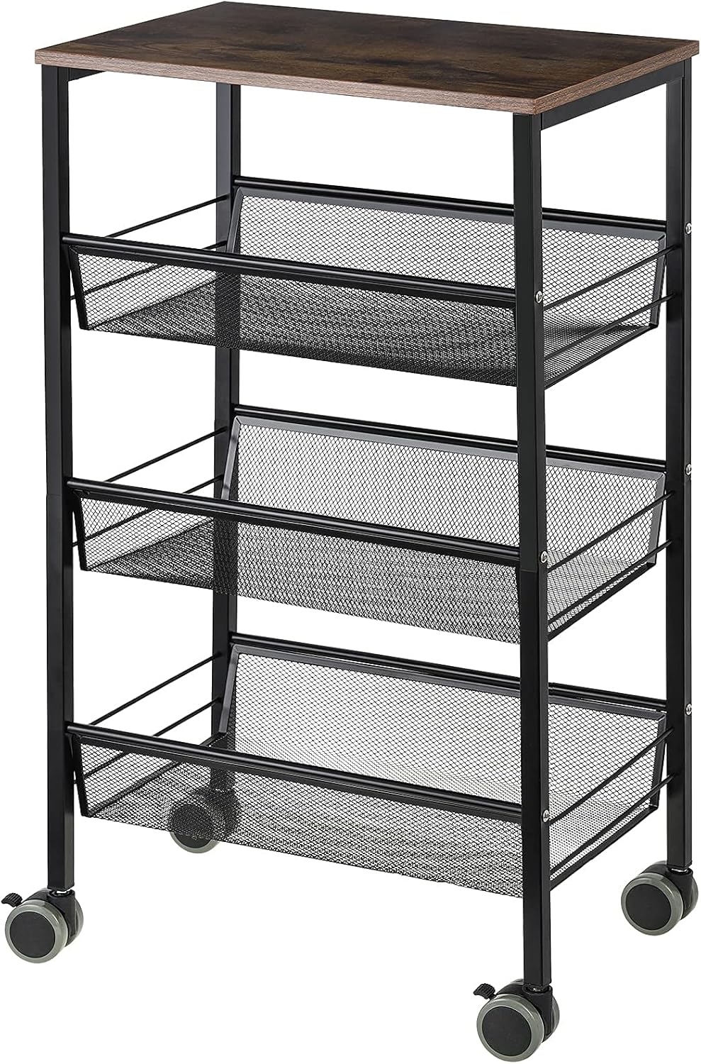 3-Tier Metal Mesh Rolling Kitchen Cart with Wood Cover F44114