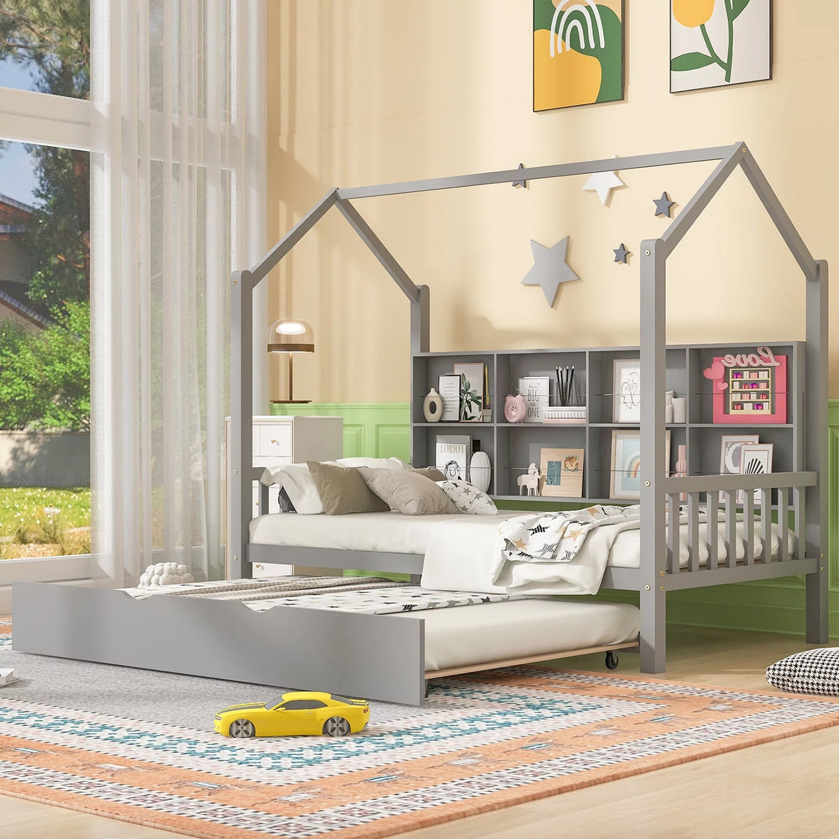 Gray Twin Size House Bed with 2 Drawers and Storage Shelves M5994