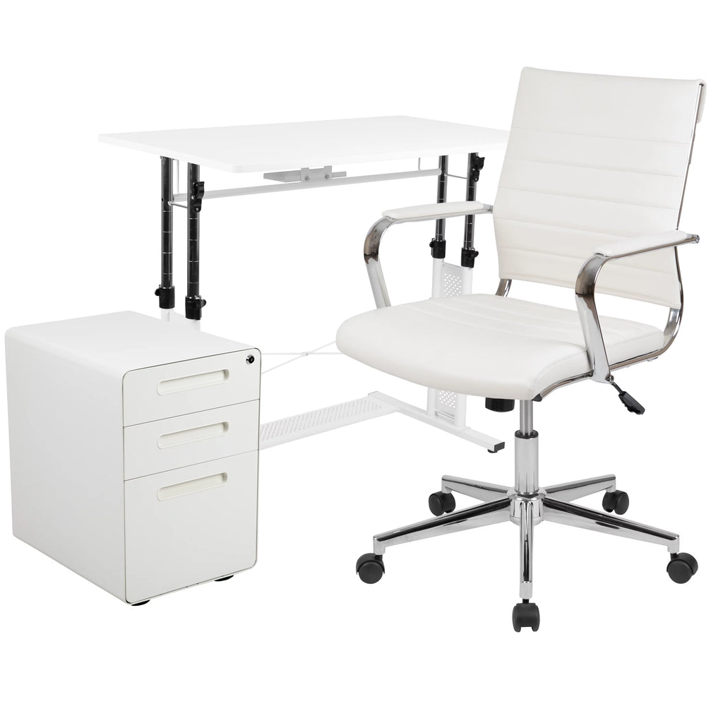 White Adjustable Computer Desk, Office Chair and Locking Mobile Filing Cabinet W326