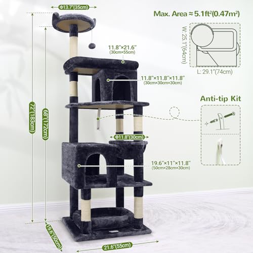 72in Dark Gray Cat Tree with 6 Scratching Posts T4749