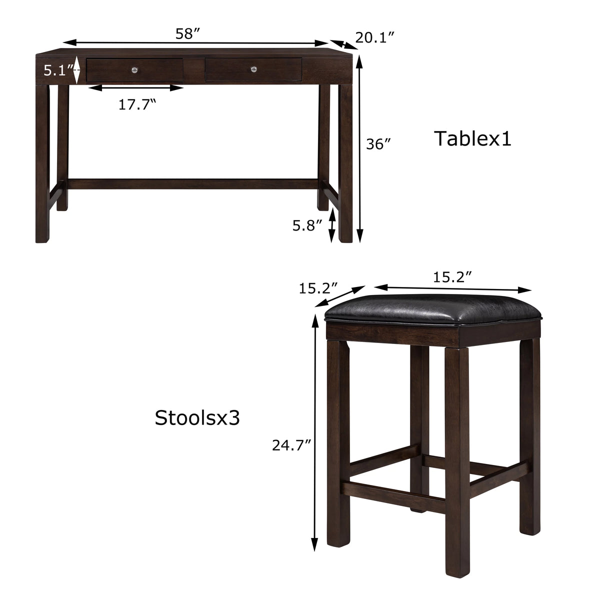 4-Piece Counter Height Table Set with Leather Padded Stools F738