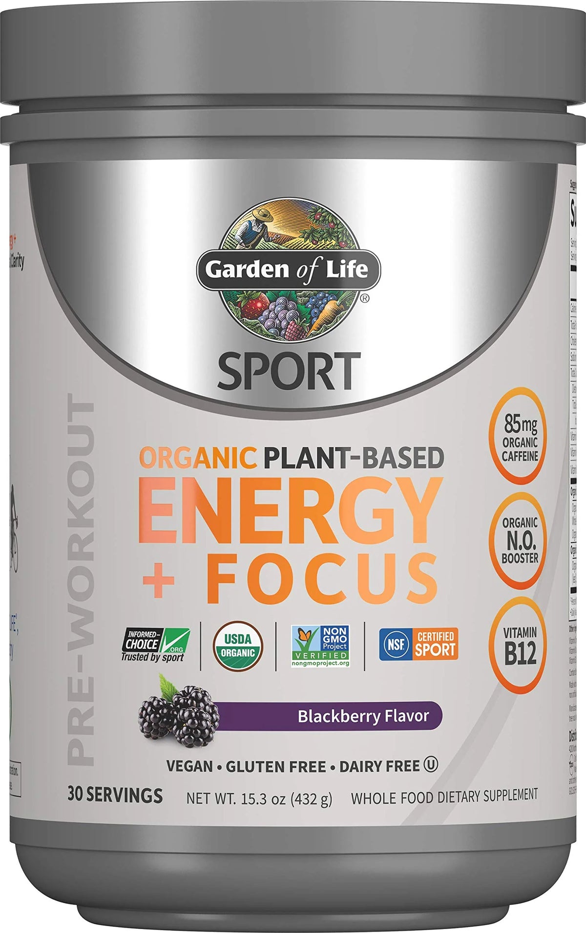 Organic Plant Based Pre Workout Powder 85mg Caffeine Blackberry 15.3 Oz D8319
