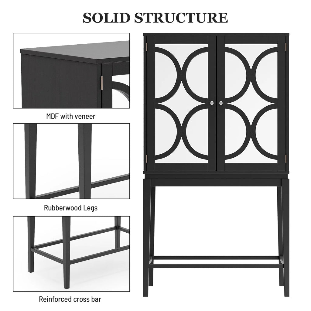 Solid Rubber Wood Double Mirror Door Bar Cabinet with Glass Holder F9530