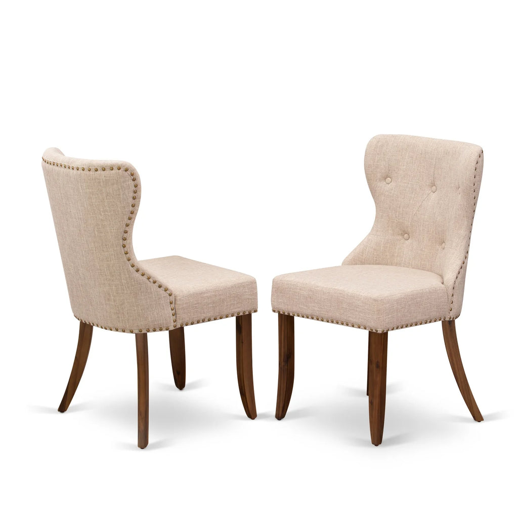 8 Pc Linen Fabric Tan Dining Set with Antique Walnut Wood Table R291