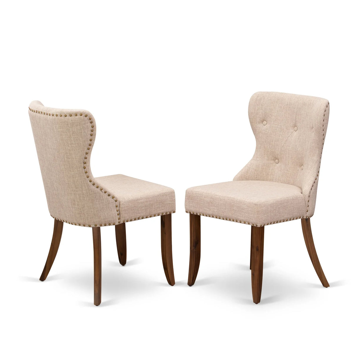 8 Pc Linen Fabric Tan Dining Set with Antique Walnut Wood Table R291