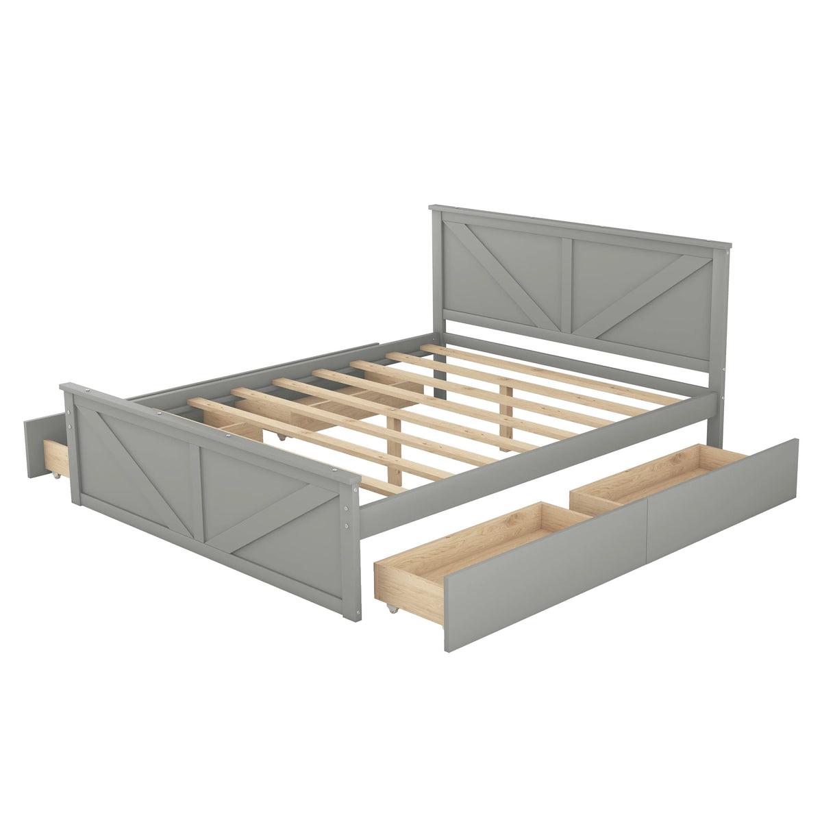 Gray Wood Queen Size Platform Bed with 4 Storage Drawers X75048
