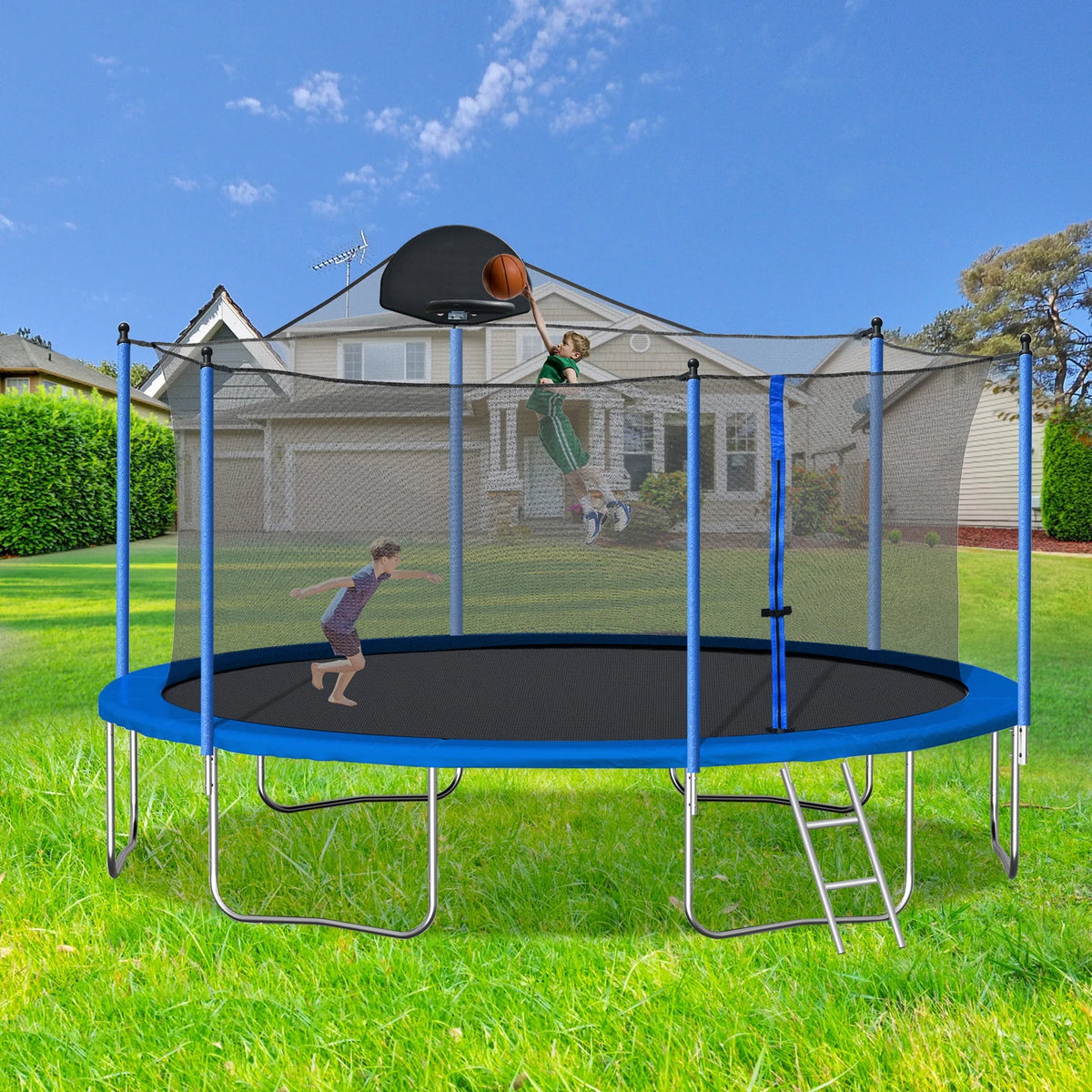 14 FT Trampoline with Safety Enclosure Net, Basketball Hoop and Ladder K363365