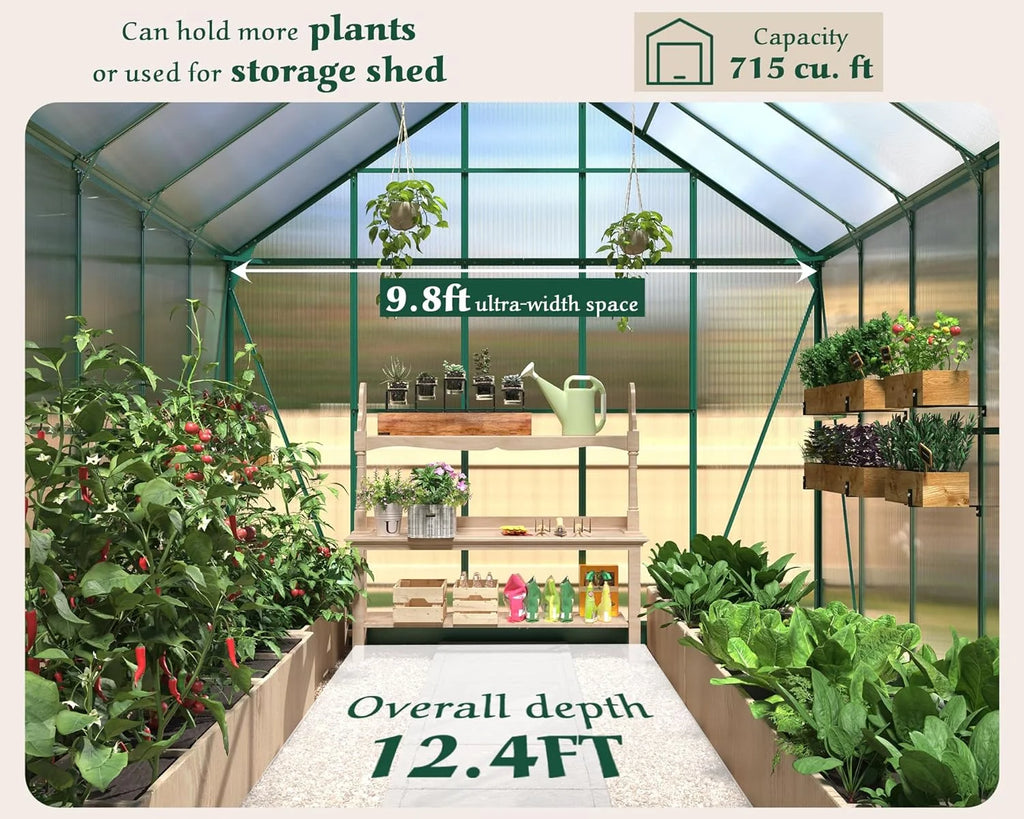 12x10x10 ft Polycarbonate Greenhouse with 2 Sliding Doors 4 Vents D848