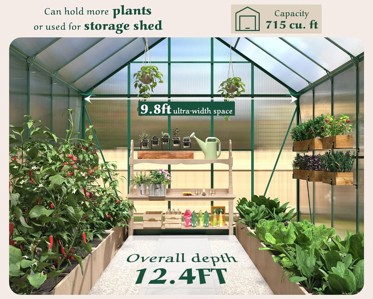 12x10x10 ft Polycarbonate Greenhouse with 2 Sliding Doors 4 Vents D848