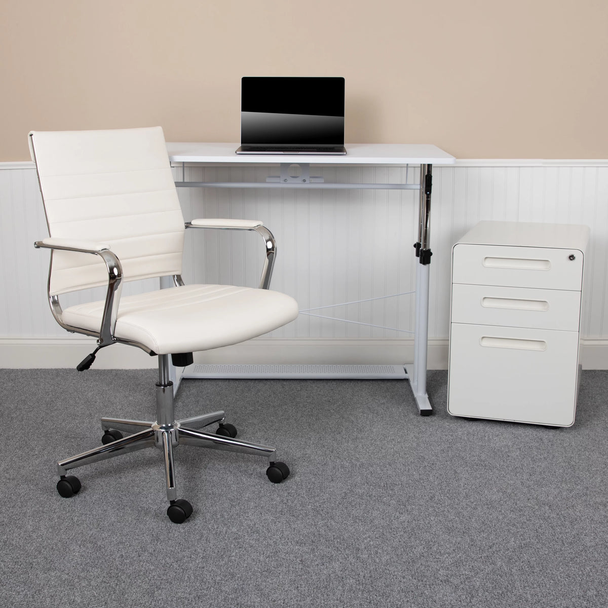 White Adjustable Computer Desk, Office Chair and Locking Mobile Filing Cabinet W326