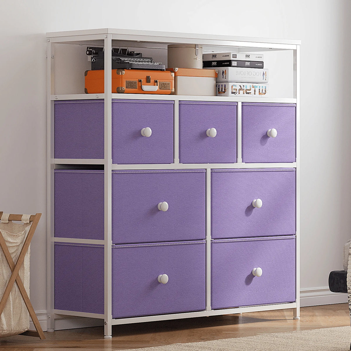 Pink 7 Drawer Fabric Dresser with Wood Shelves L816