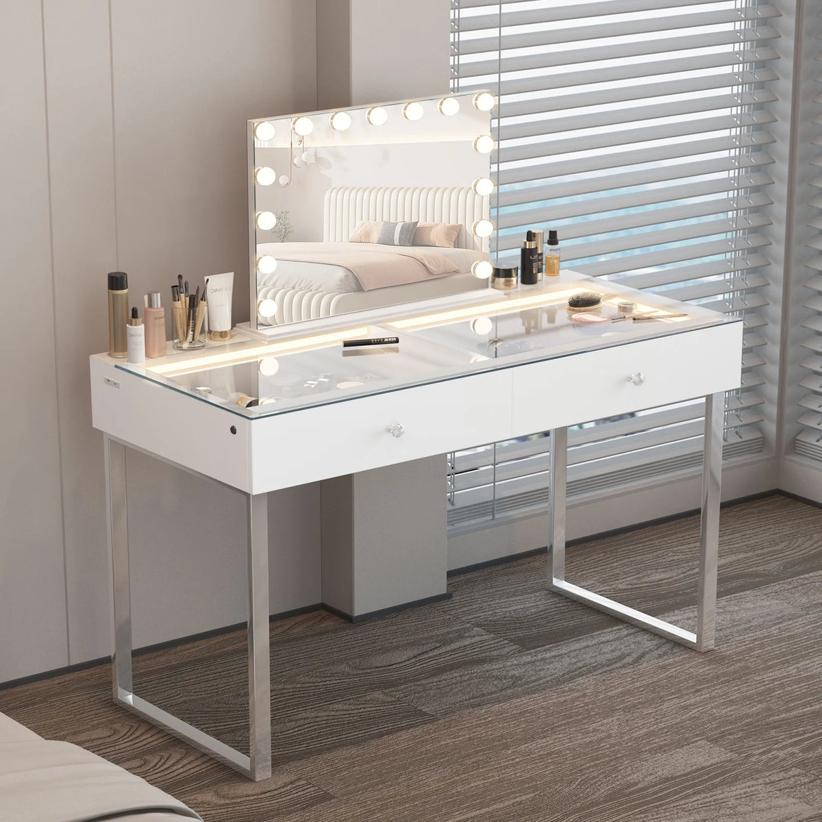 2-Drawer Makeup Vanity Table with Lights Charging Port E5138