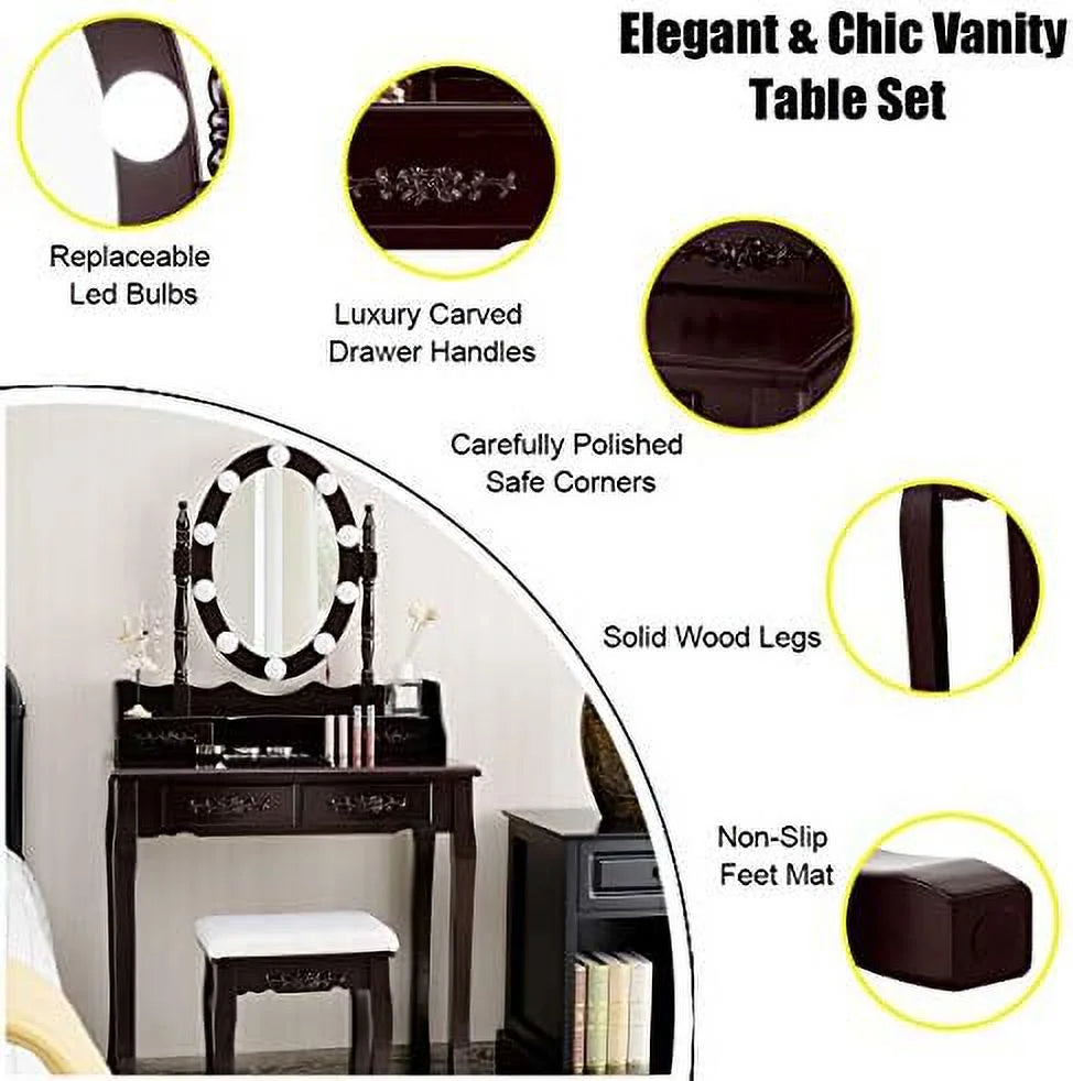 White Vanity Table Set with Lighted Mirror 4 Drawers Cushioned Stool I303196