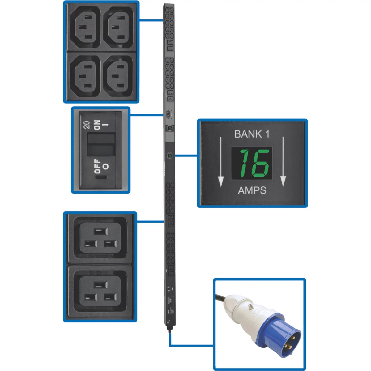 Metered PDU, 7.4kW Single-Phase 230V, 8 C19 and 40 C13 Outlets, IEC-309 32A Blue Input, 10 ft. Cord V749
