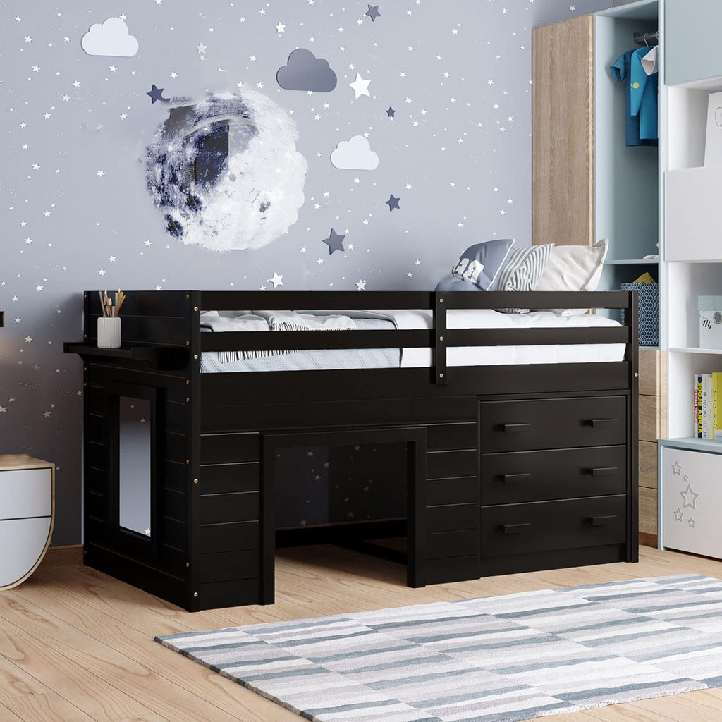 White Twin Loft Bed with Storage Drawers B8764