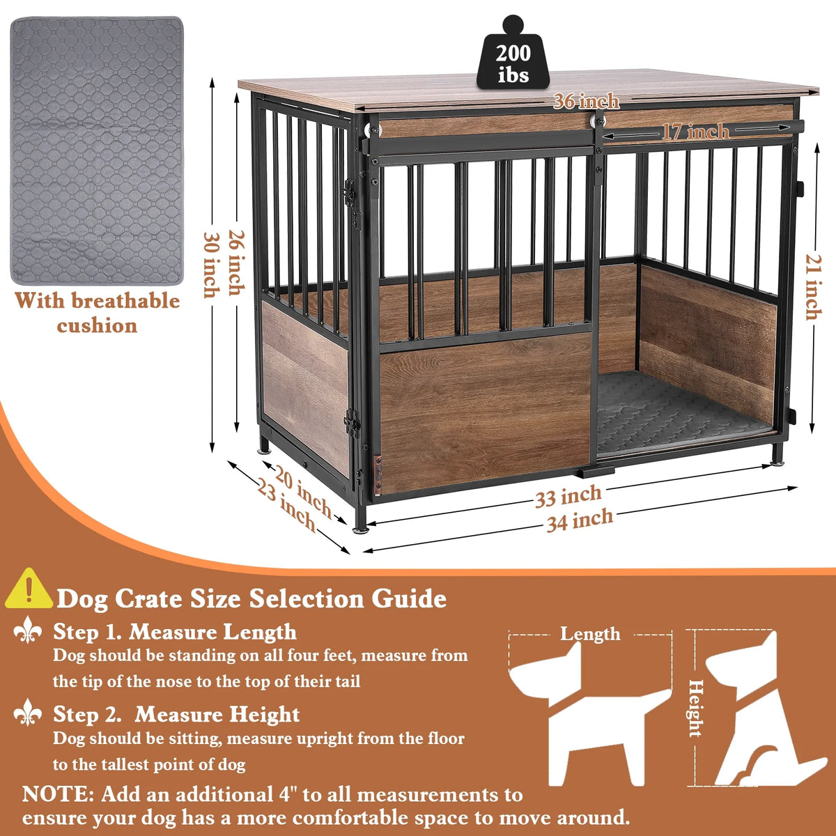 36" Wooden Dog Crate Furniture with Cushion C536
