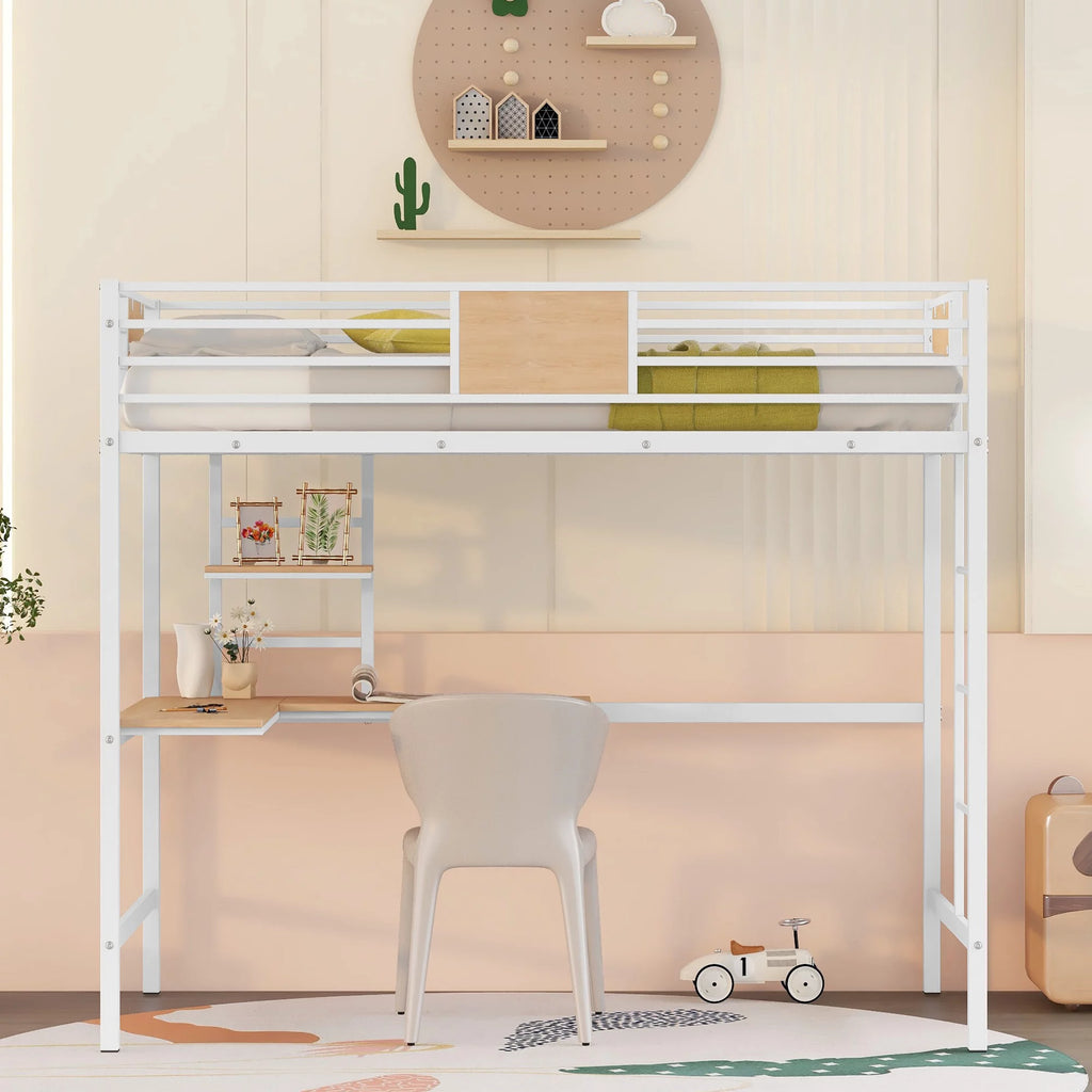 Metal Loft Bed with Desk and Shelve White T131500