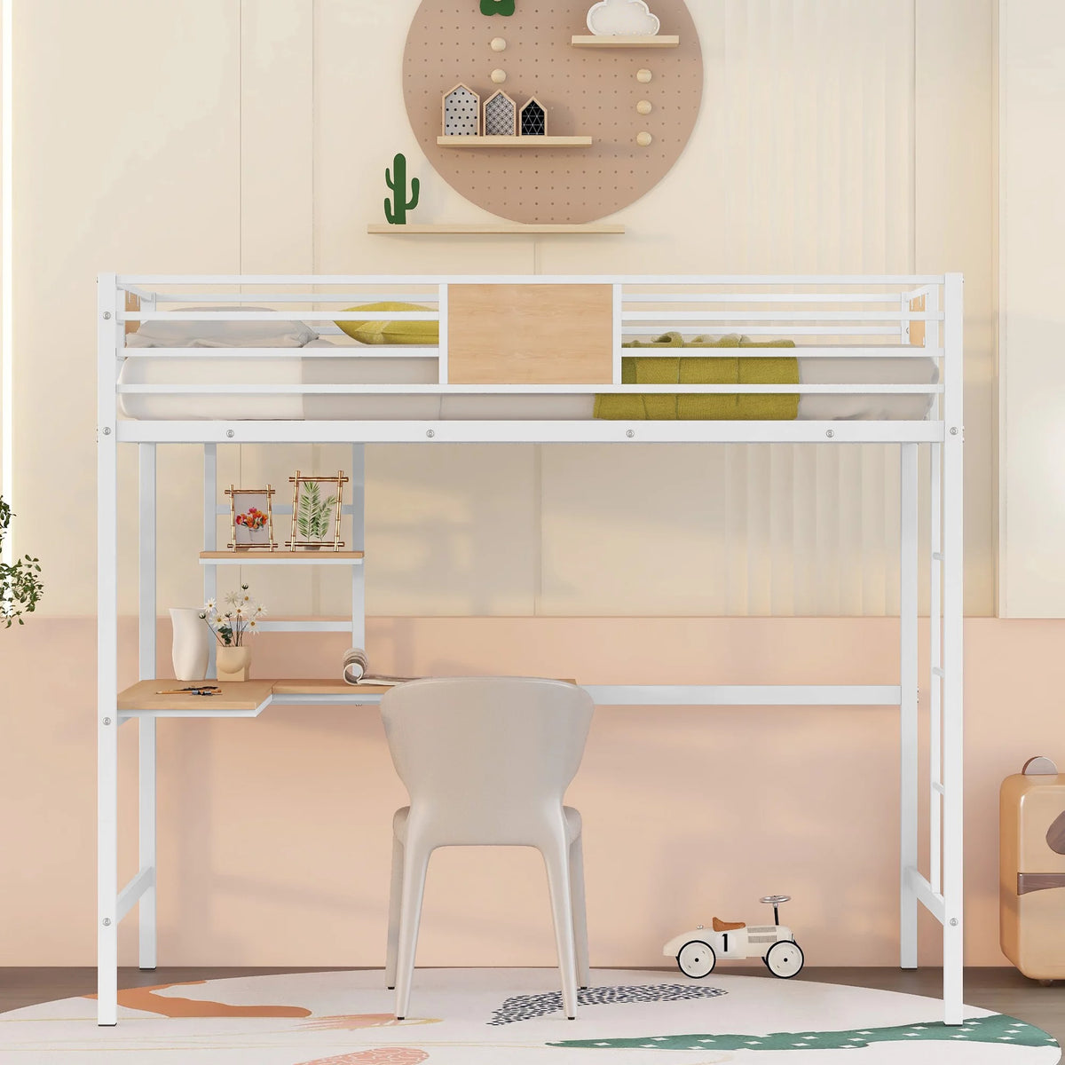 Metal Loft Bed with Desk and Shelve White T131500