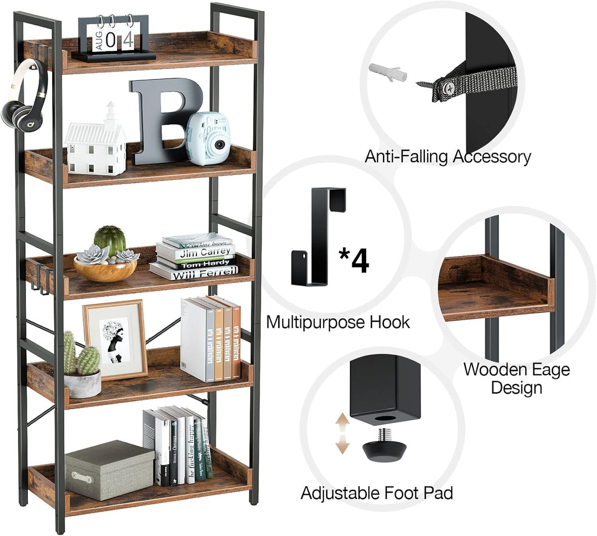 5 Tier Wood Bookshelf with 4 Hooks S9384