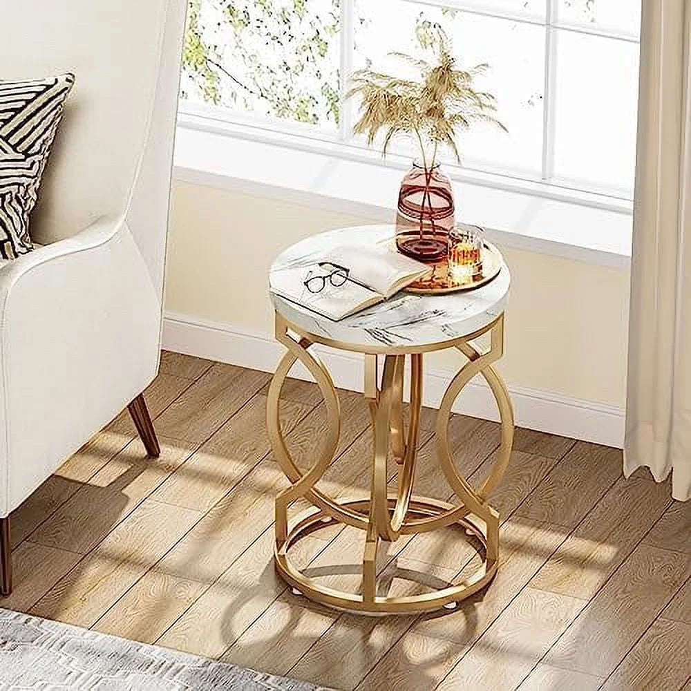 Round End Table Set of 2 White Gold Faux Marble Tabletop D669