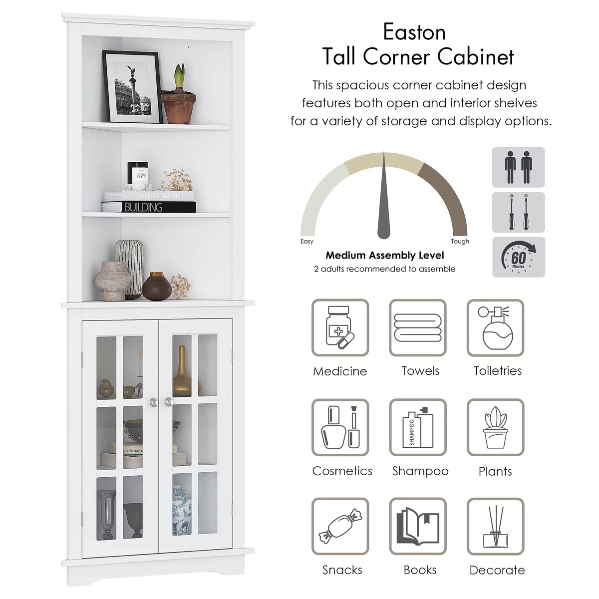 White Tall Corner Storage Cabinet with Glass Doors and Adjustable Shelves J28949