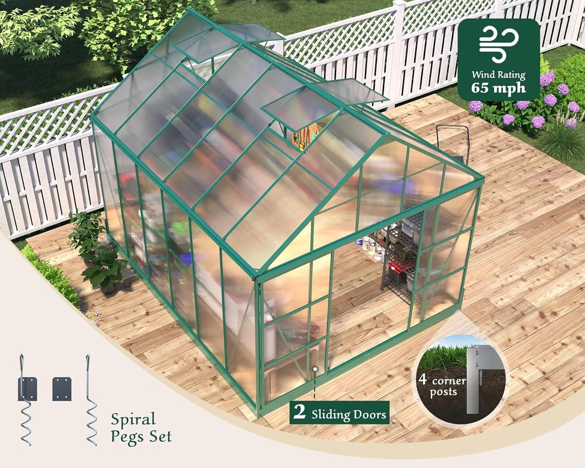 12x10x10 ft Polycarbonate Greenhouse with 2 Sliding Doors 4 Vents D848