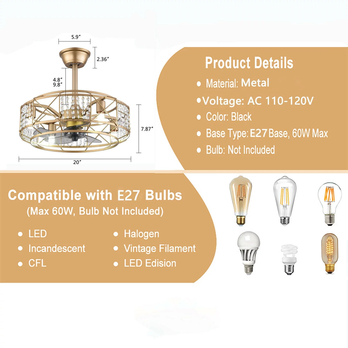 20" Crystal 4 Lights Ceiling Fan E63159