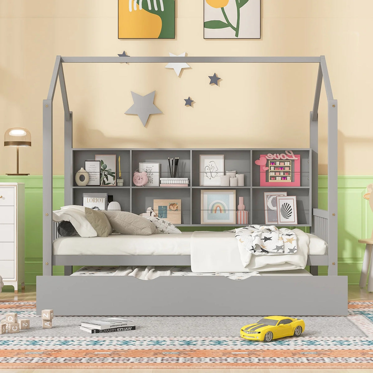 Gray Twin Size House Bed with 2 Drawers and Storage Shelves M5994